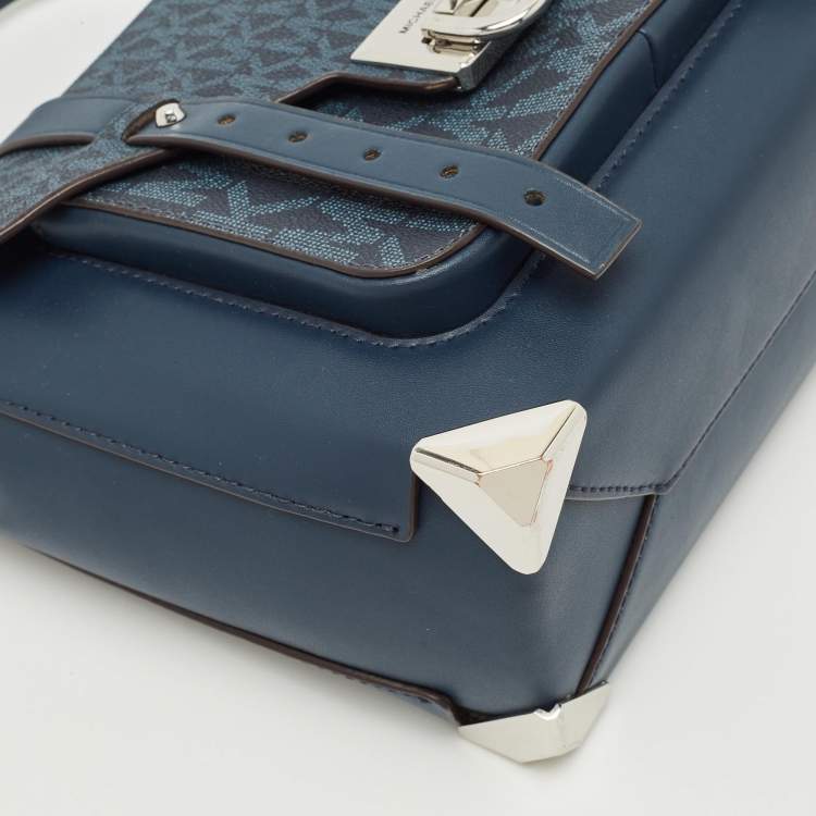 Pre Owned Michael Kors Navy Blue Signature Coated Canvas Medium Manhattan Top Handle Bag