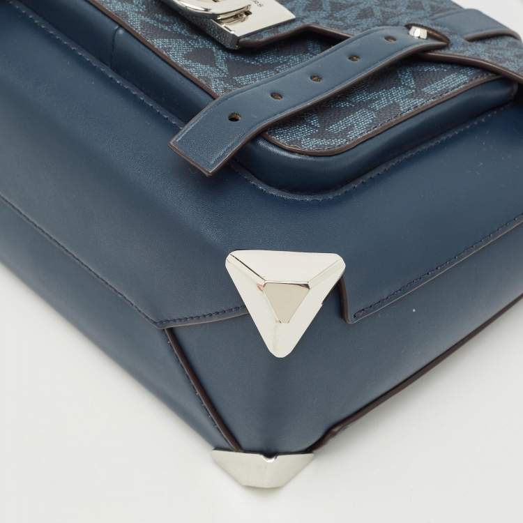 Pre Owned Michael Kors Navy Blue Signature Coated Canvas Medium Manhattan Top Handle Bag