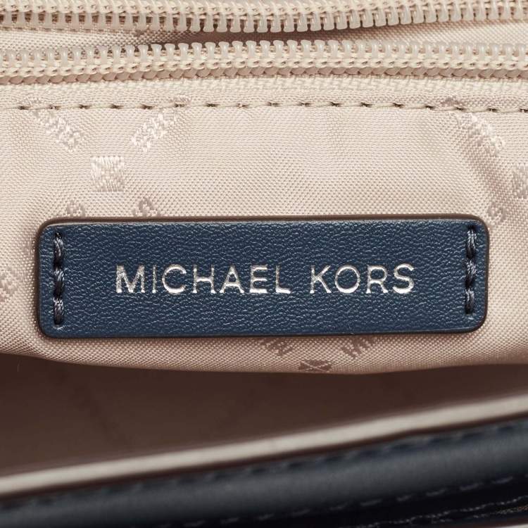 Pre Owned Michael Kors Navy Blue Signature Coated Canvas Medium Manhattan Top Handle Bag