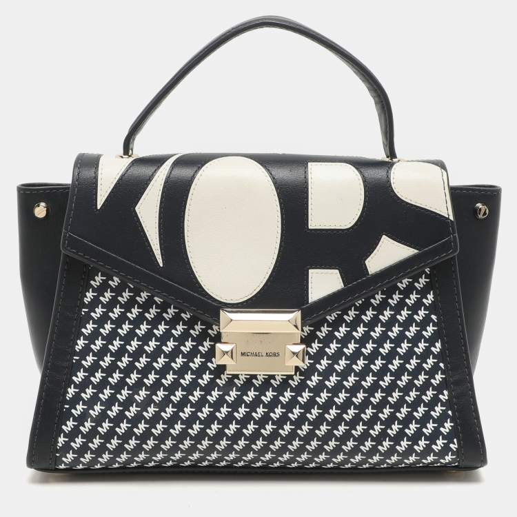 Pre Owned Michael Kors Admiral/Optic Leather Medium Graphic Logo Whitney Top Handle Bag