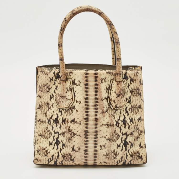 Pre Owned Michael Kors Cream Python Embossed Leather Small Mercer Tote