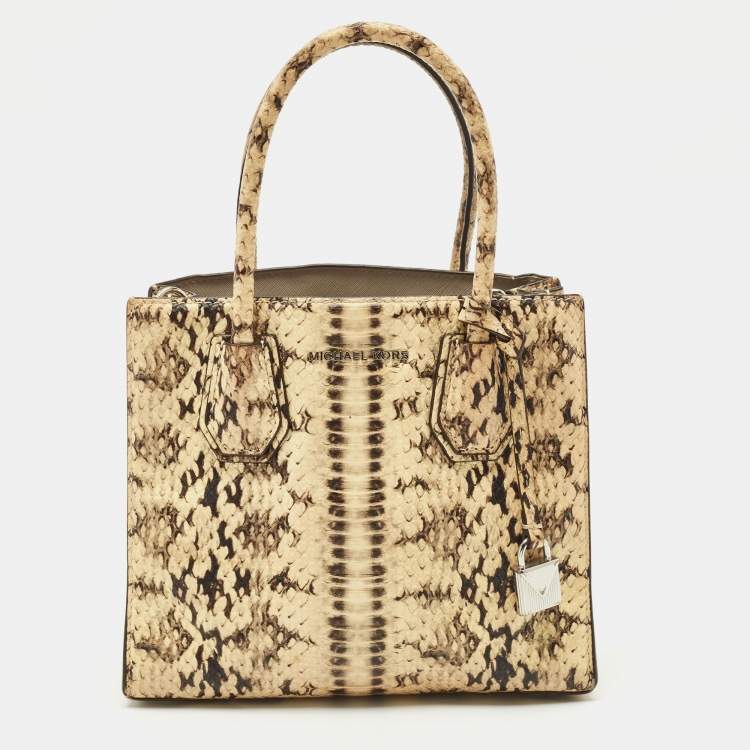 Pre Owned Michael Kors Cream Python Embossed Leather Small Mercer Tote