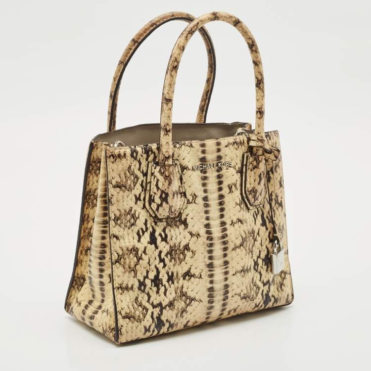 Pre Owned Michael Kors Cream Python Embossed Leather Small Mercer Tote
