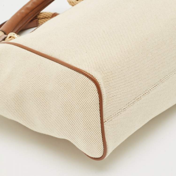 Pre Owned Michael Kors Brown/Off White Canvas and Leather Small Talia Tote