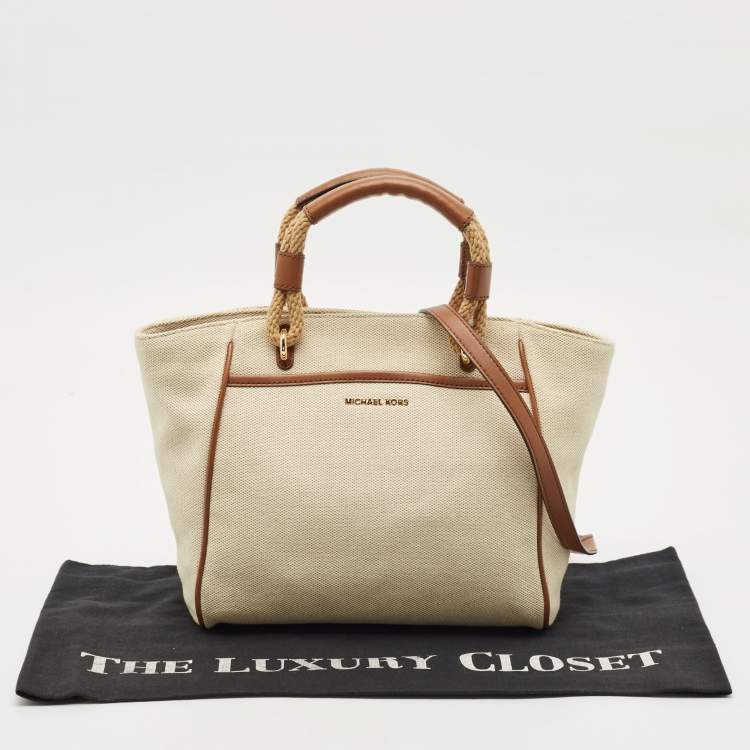 Pre Owned Michael Kors Brown/Off White Canvas and Leather Small Talia Tote