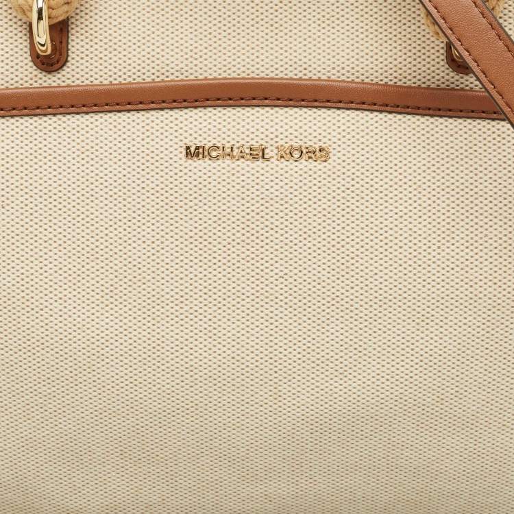 Pre Owned Michael Kors Brown/Off White Canvas and Leather Small Talia Tote