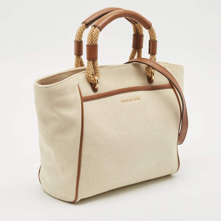 Pre Owned Michael Kors Brown/Off White Canvas and Leather Small Talia Tote