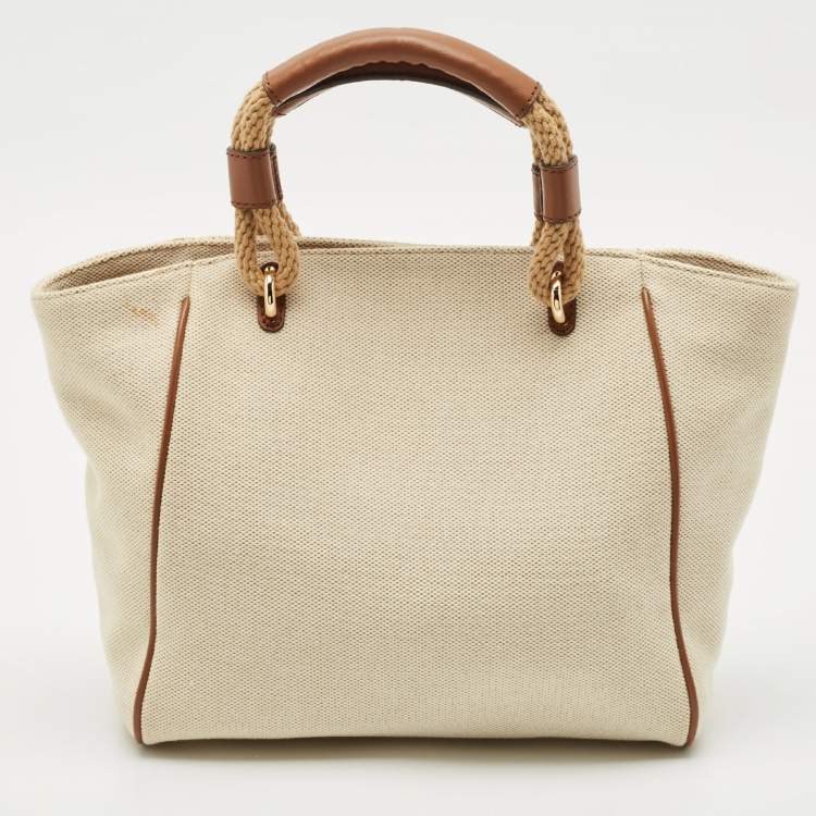 Pre Owned Michael Kors Brown/Off White Canvas and Leather Small Talia Tote