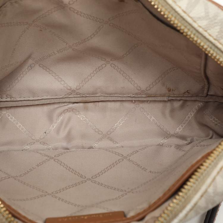 Pre Owned Michael Kors White Signature Coated Canvas Jet Set Travel Camera Crossbody Bag