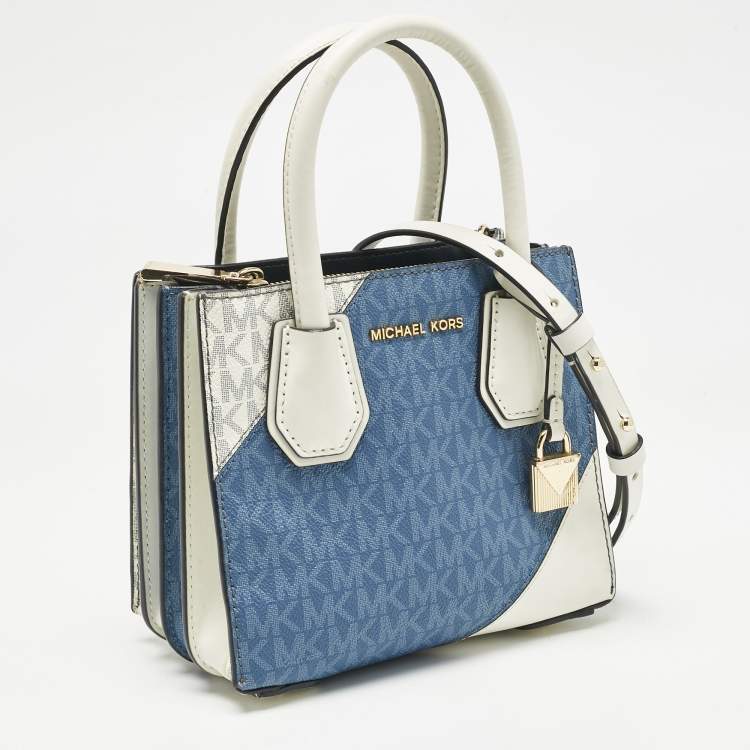 Pre Owned Michael Kors White/Blue Signature Coated Canvas Accordion Mercer Crossbody Bag