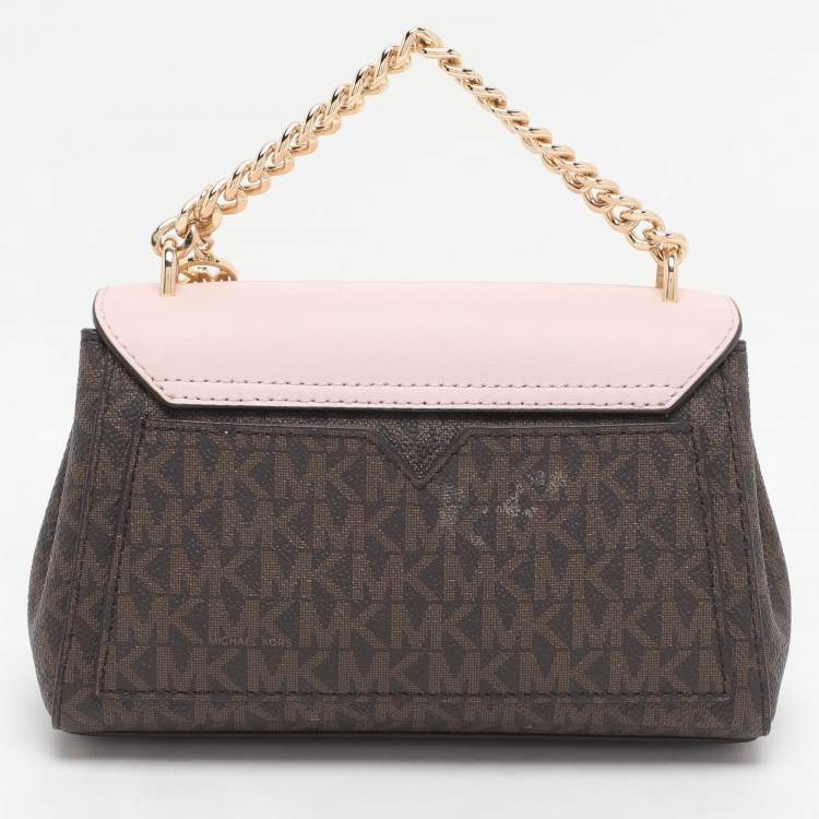 Pre Owned Michael Kors Brown/Pink Signature Coated Canvas And Leather Small Lita Crossbody Bag