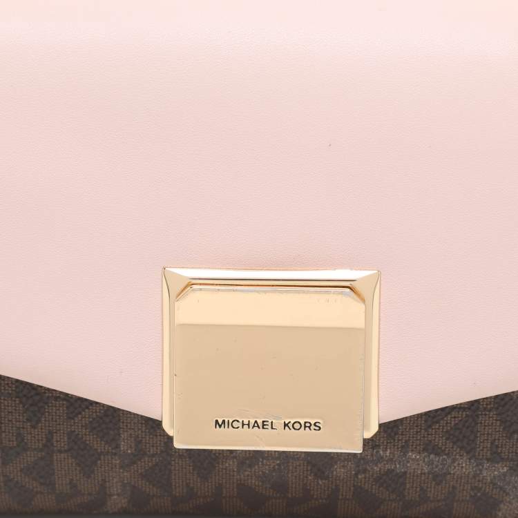 Pre Owned Michael Kors Brown/Pink Signature Coated Canvas And Leather Small Lita Crossbody Bag