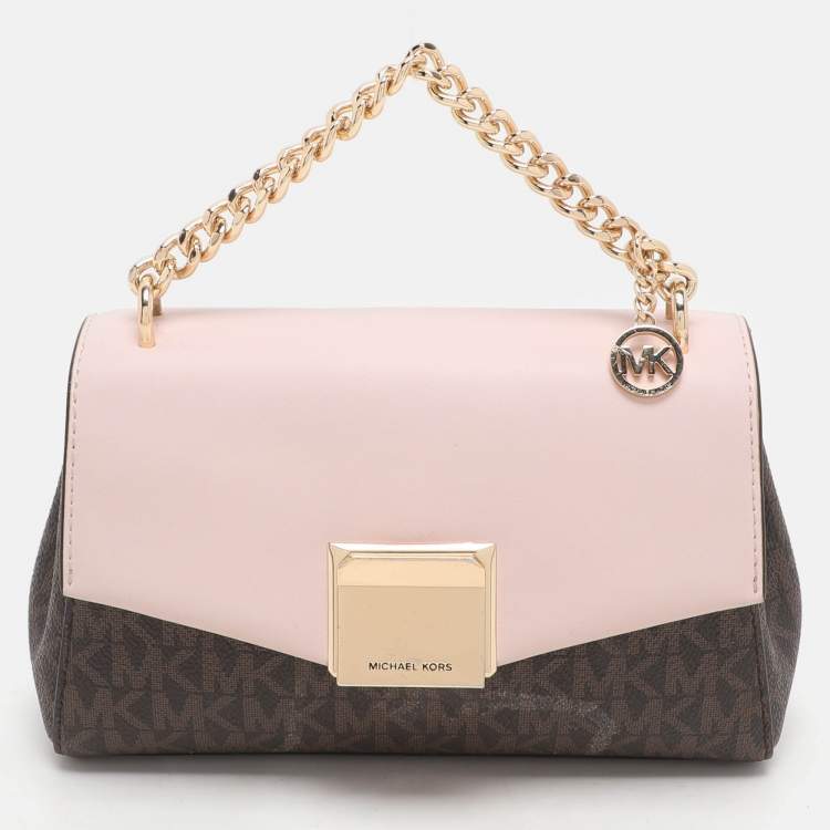 Pre Owned Michael Kors Brown/Pink Signature Coated Canvas And Leather Small Lita Crossbody Bag