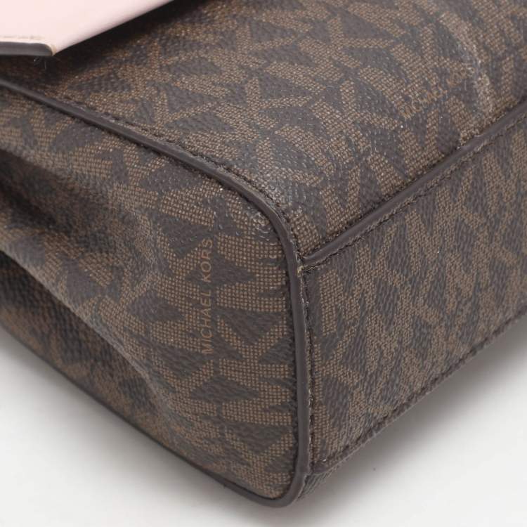 Pre Owned Michael Kors Brown/Pink Signature Coated Canvas And Leather Small Lita Crossbody Bag