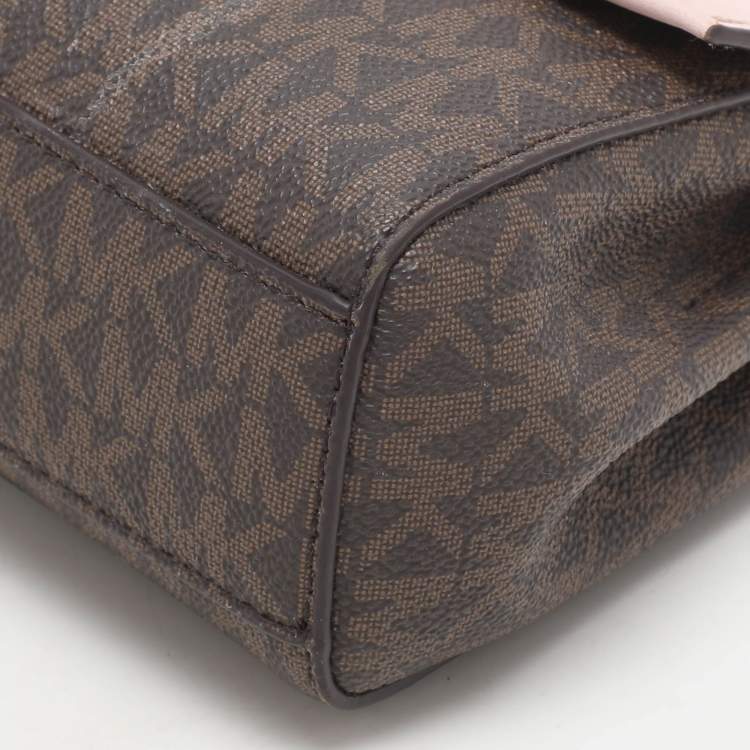 Pre Owned Michael Kors Brown/Pink Signature Coated Canvas And Leather Small Lita Crossbody Bag