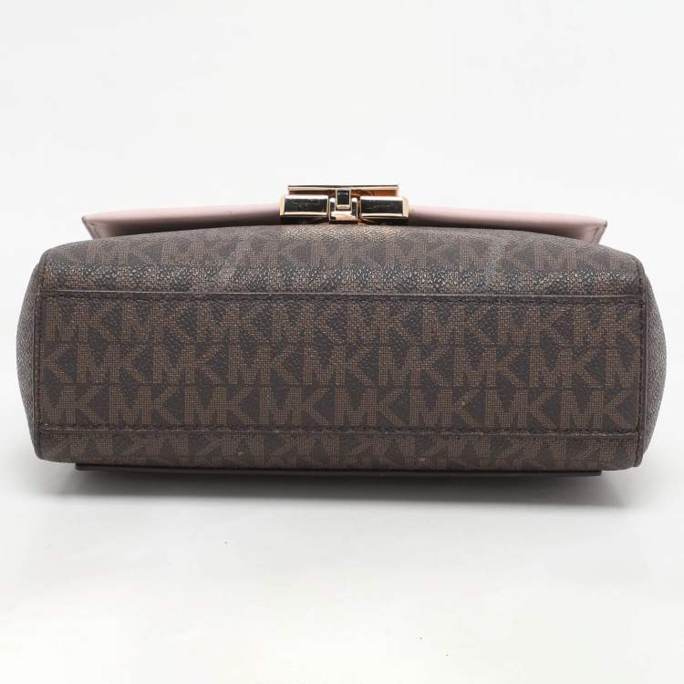 Pre Owned Michael Kors Brown/Pink Signature Coated Canvas And Leather Small Lita Crossbody Bag