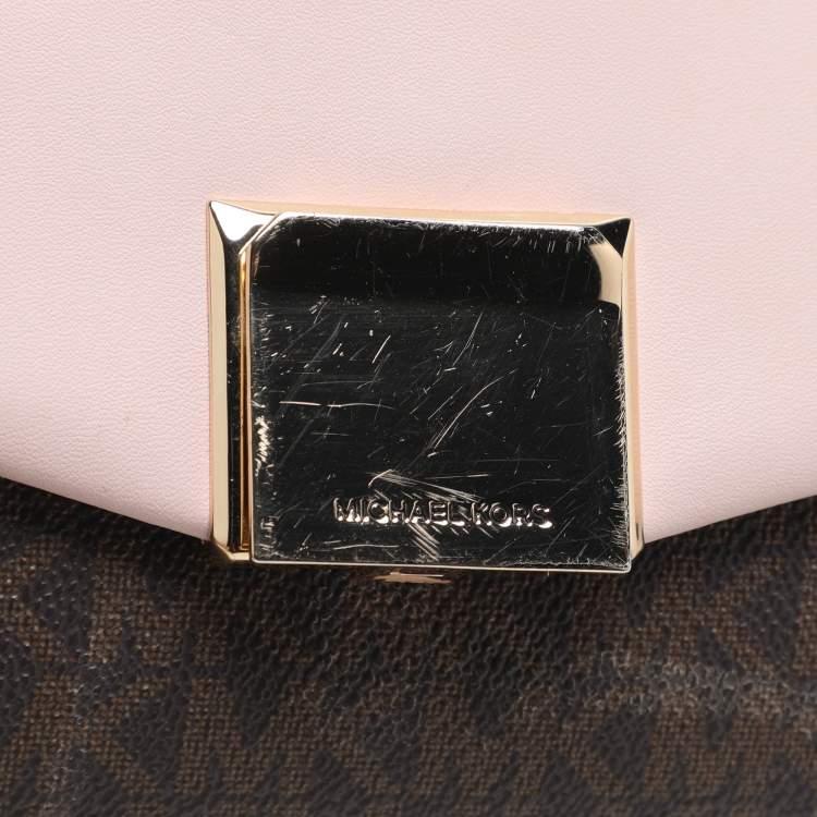 Pre Owned Michael Kors Brown/Pink Signature Coated Canvas And Leather Small Lita Crossbody Bag