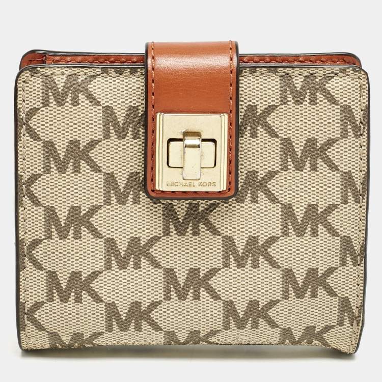 Pre Owned Michael Kors Beige/Orange Signature Coated Canvas Natalie Heritage Compact Wallet
