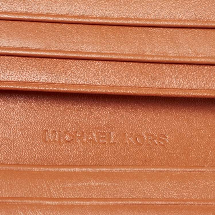 Pre Owned Michael Kors Beige/Orange Signature Coated Canvas Natalie Heritage Compact Wallet