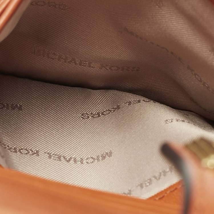 Pre Owned Michael Kors Beige/Orange Signature Coated Canvas Natalie Heritage Compact Wallet