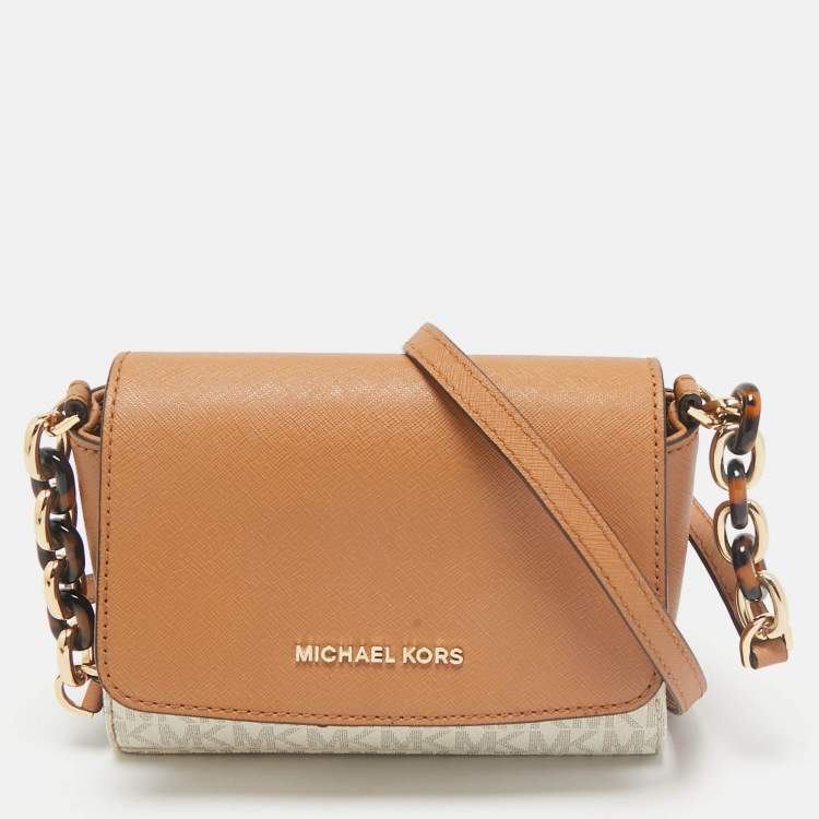 Pre Owned Michael Kors Brown/Vanilla Signature Coated Canvas Crossbody Bag