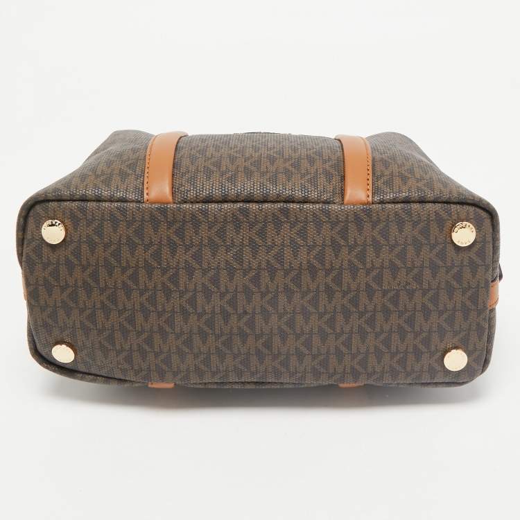 Pre Owned Michael Kors Brown/Tan Signature Coated Canvas and Leather Beck Satchel