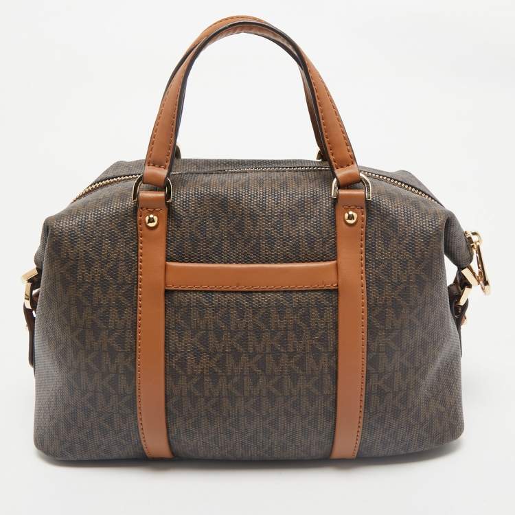 Pre Owned Michael Kors Brown/Tan Signature Coated Canvas and Leather Beck Satchel