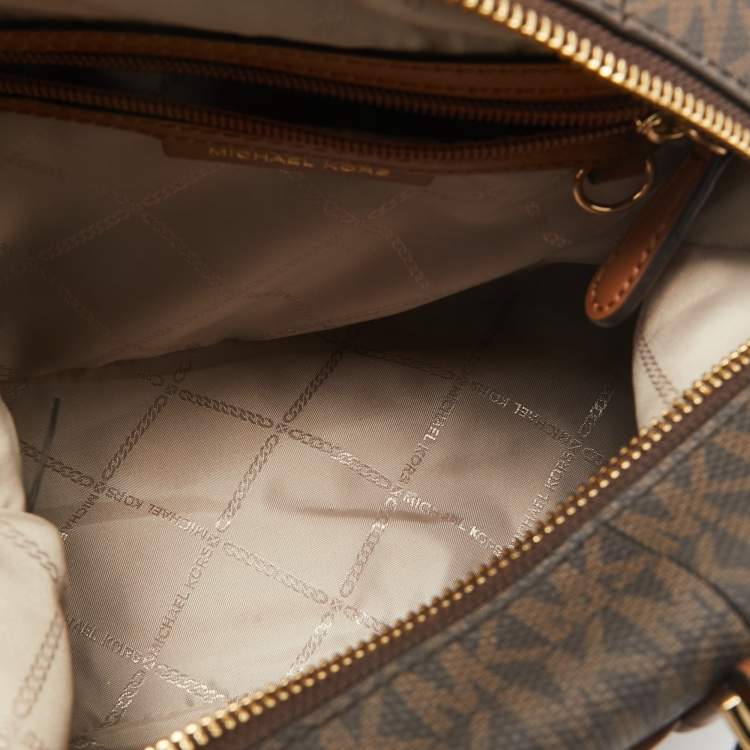 Pre Owned Michael Kors Brown/Tan Signature Coated Canvas and Leather Beck Satchel