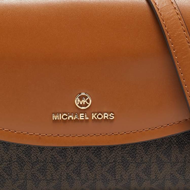 Pre Owned Michael Kors Brown/Tan Signature Coated Canvas and Leather Flap Brooklyn Shoulder Bag