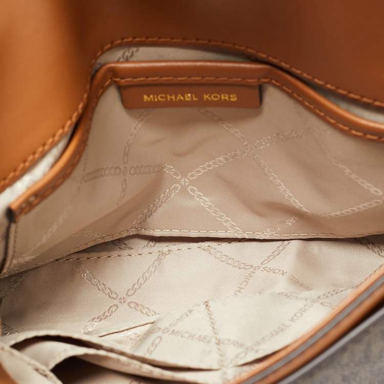 Pre Owned Michael Kors Brown/Tan Signature Coated Canvas and Leather Flap Brooklyn Shoulder Bag