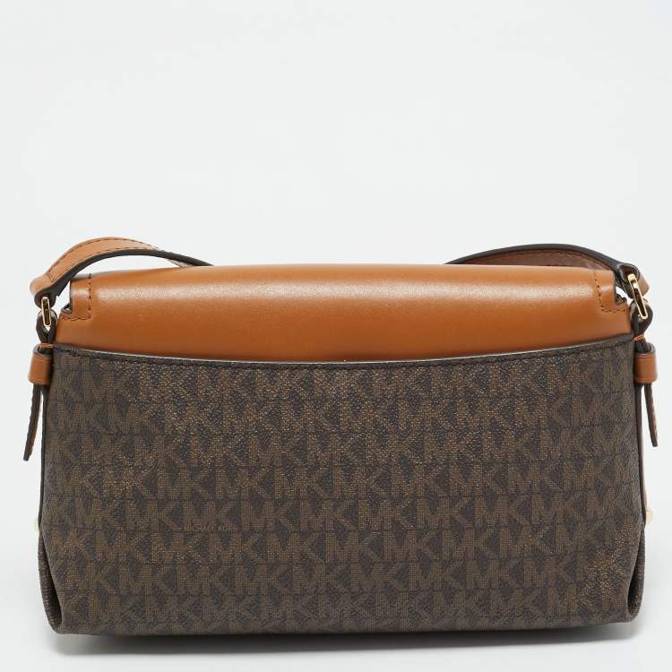 Pre Owned Michael Kors Brown/Tan Signature Coated Canvas and Leather Flap Brooklyn Shoulder Bag
