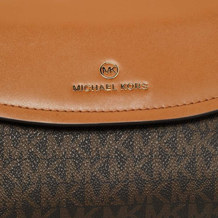 Pre Owned Michael Kors Brown/Tan Signature Coated Canvas and Leather Flap Brooklyn Shoulder Bag