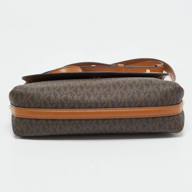 Pre Owned Michael Kors Brown/Tan Signature Coated Canvas and Leather Flap Brooklyn Shoulder Bag