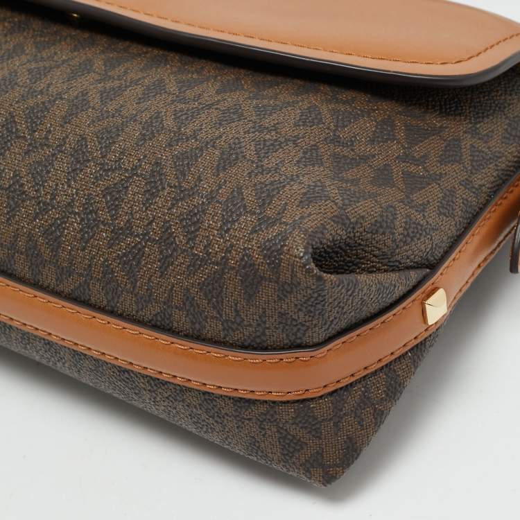 Pre Owned Michael Kors Brown/Tan Signature Coated Canvas and Leather Flap Brooklyn Shoulder Bag
