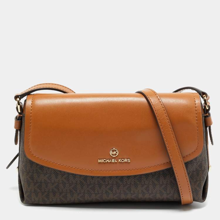 Pre Owned Michael Kors Brown/Tan Signature Coated Canvas and Leather Flap Brooklyn Shoulder Bag