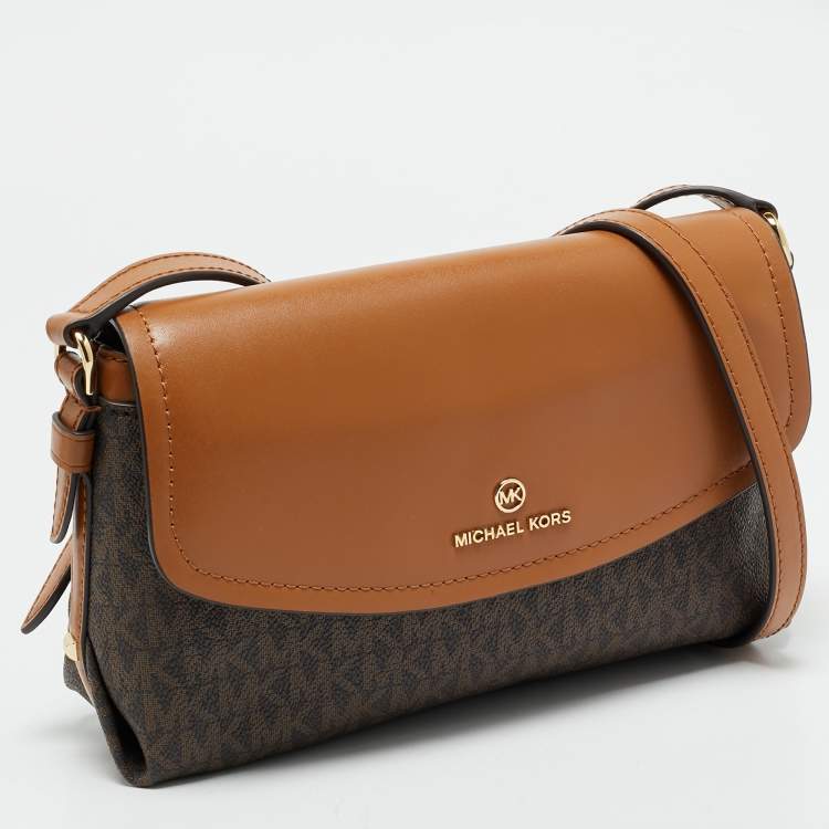 Pre Owned Michael Kors Brown/Tan Signature Coated Canvas and Leather Flap Brooklyn Shoulder Bag