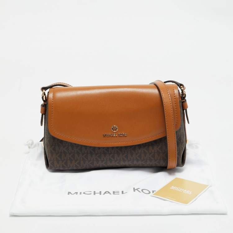 Pre Owned Michael Kors Brown/Tan Signature Coated Canvas and Leather Flap Brooklyn Shoulder Bag