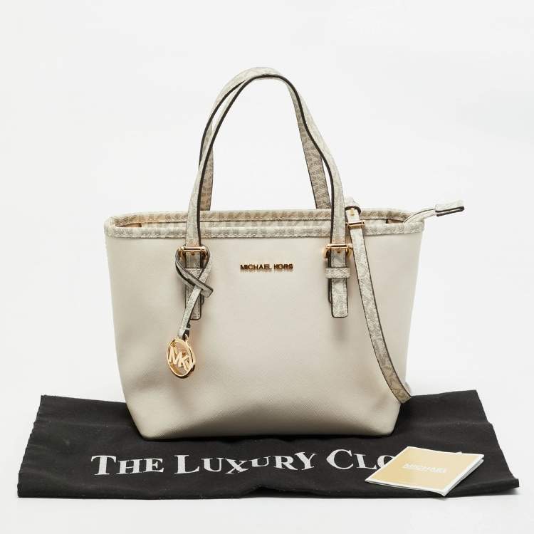 Pre Owned Michael Kors Off White Saffiano Leather Extra-Small Jet Set Travel Tote