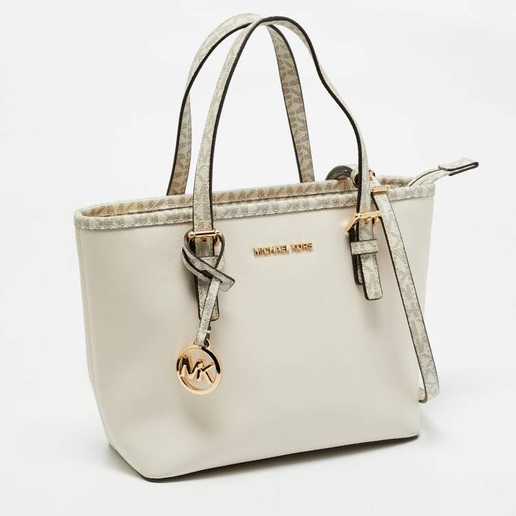 Pre Owned Michael Kors Off White Saffiano Leather Extra-Small Jet Set Travel Tote
