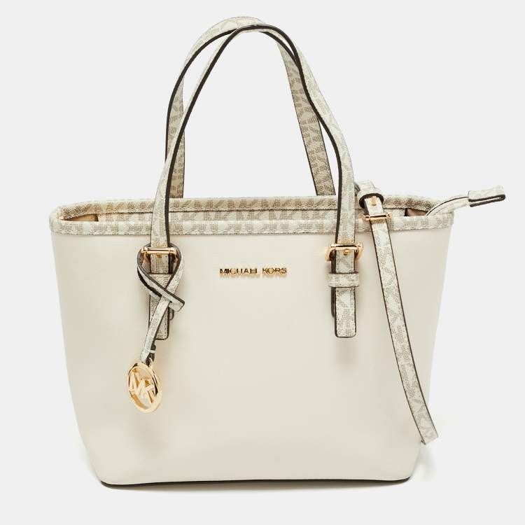 Pre Owned Michael Kors Off White Saffiano Leather Extra-Small Jet Set Travel Tote