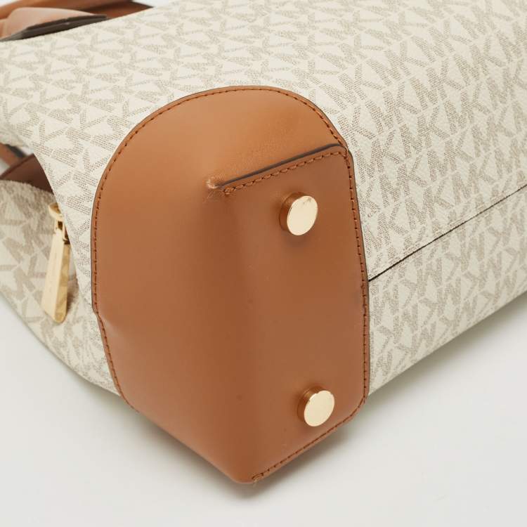 Pre Owned Michael Kors Brown/White Signature Coated Canvas and Leather Small Mercer Gallery Tote