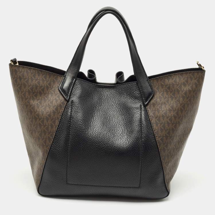 Pre Owned Michael Kors Black/Brown Coated Canvas and Leather Phoebe Tote