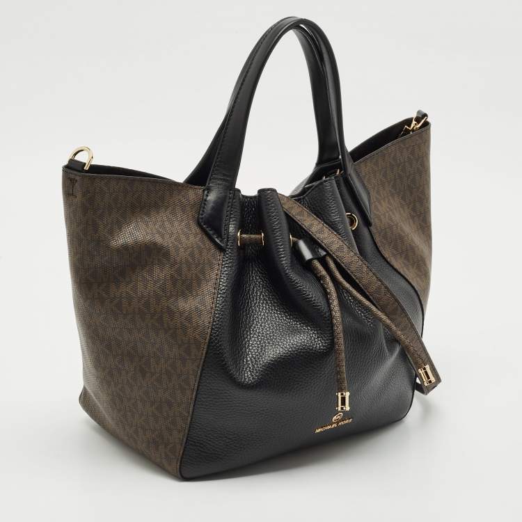 Pre Owned Michael Kors Black/Brown Coated Canvas and Leather Phoebe Tote