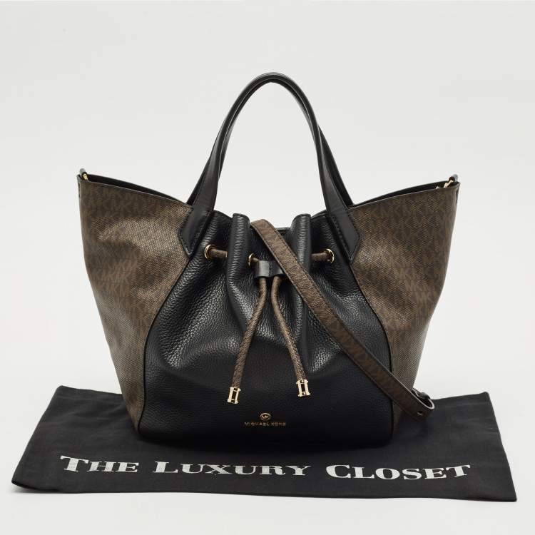 Pre Owned Michael Kors Black/Brown Coated Canvas and Leather Phoebe Tote