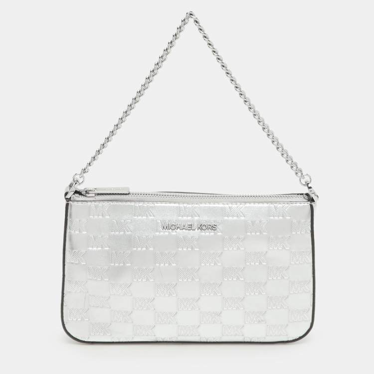 Pre Owned Michael Kors Silver Logo Embossed Leather Jet Set Medium Crossbody Bag