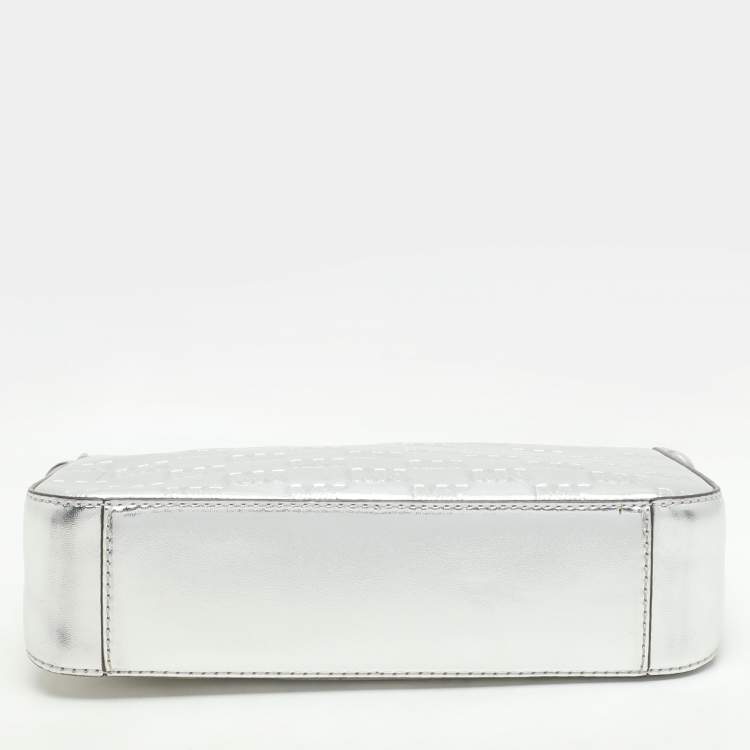 Pre Owned Michael Kors Silver Logo Embossed Leather Jet Set Medium Crossbody Bag