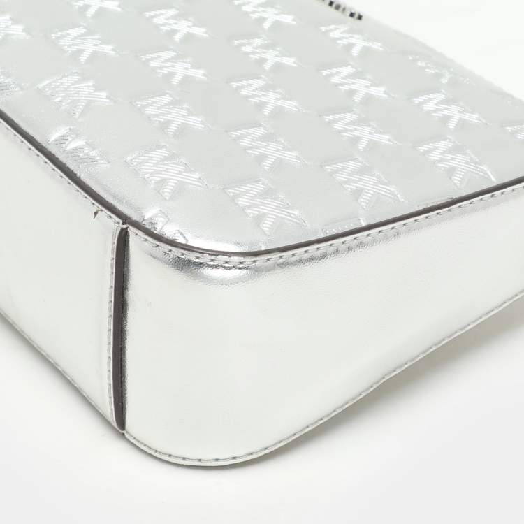Pre Owned Michael Kors Silver Logo Embossed Leather Jet Set Medium Crossbody Bag
