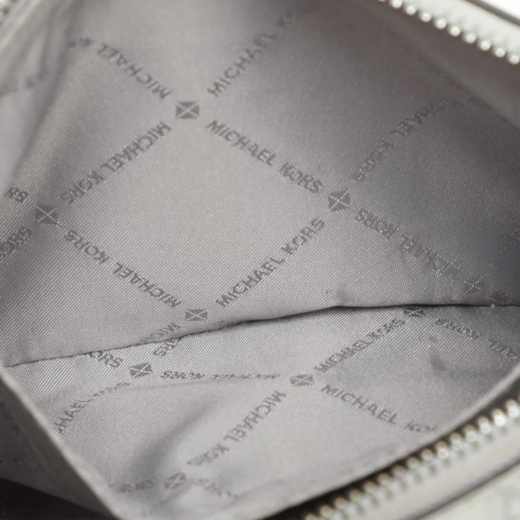 Pre Owned Michael Kors Silver Logo Embossed Leather Jet Set Medium Crossbody Bag