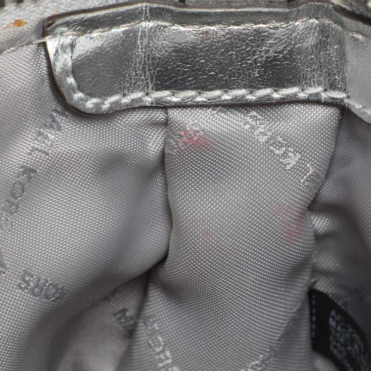 Pre Owned Michael Kors Silver Logo Embossed Leather Jet Set Medium Crossbody Bag