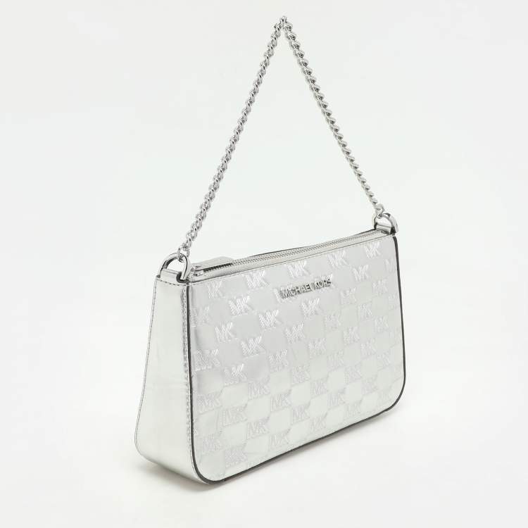 Pre Owned Michael Kors Silver Logo Embossed Leather Jet Set Medium Crossbody Bag